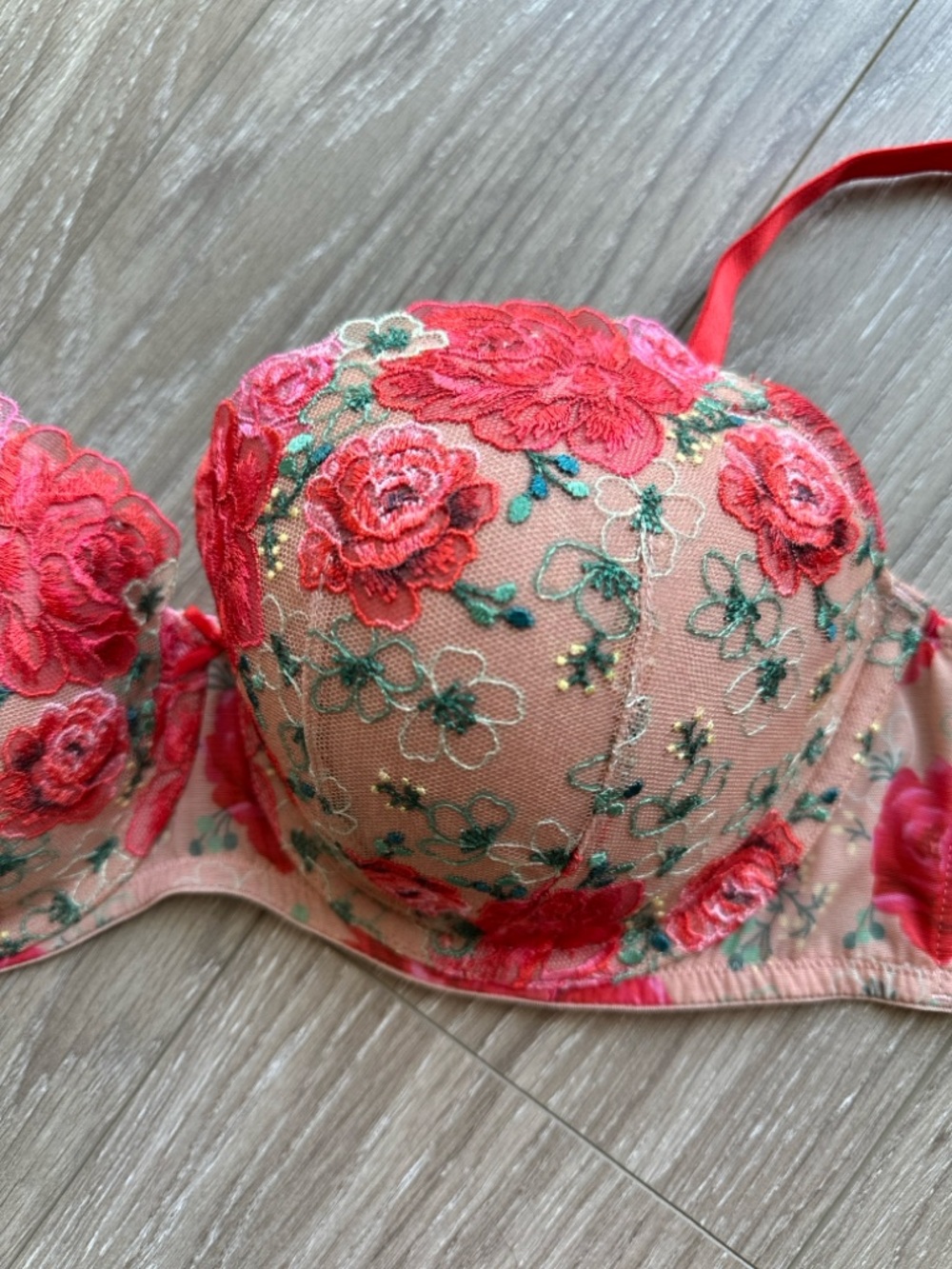 Victoria's Secret Coral Red Floral Embroidered Push-Up Bra